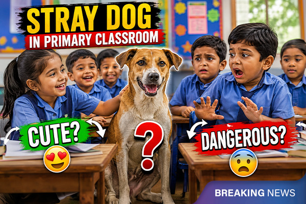 Stray Dog Sitting in Primary Classroom with Other Kids: Cute or Dangerous?